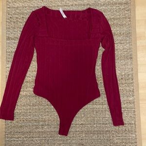 Free People leave sleeve square neck thong bodysuit, size M, color maroon red